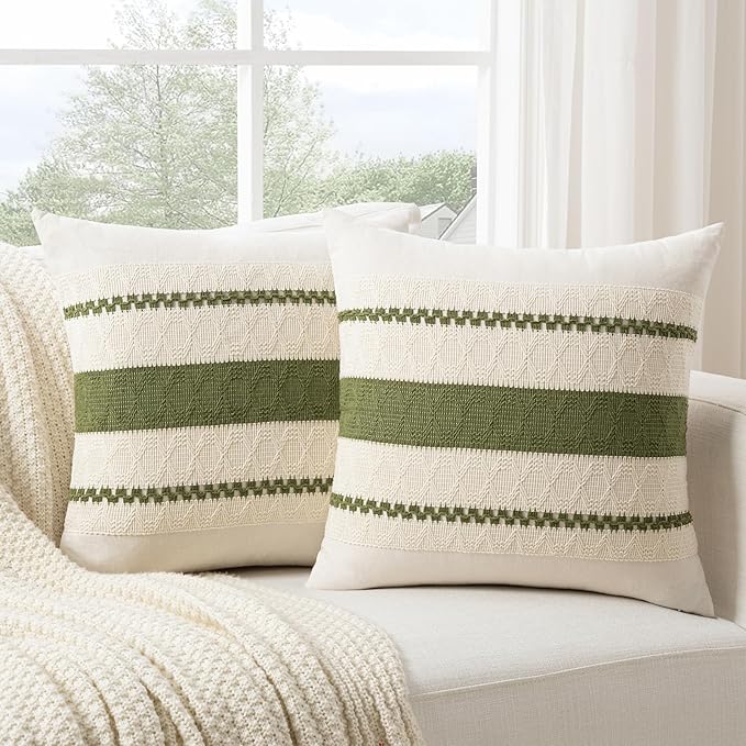 Fancy Homi Set of 2 Boho Moss Green Decorative Throw Pillow Cover 16x16 Inch for Couch Bed Sofa, Aesthetic Modern Organic Farmhouse Home Decor, Soft Cotton Cute Accent Macrame Woven Cushion Case