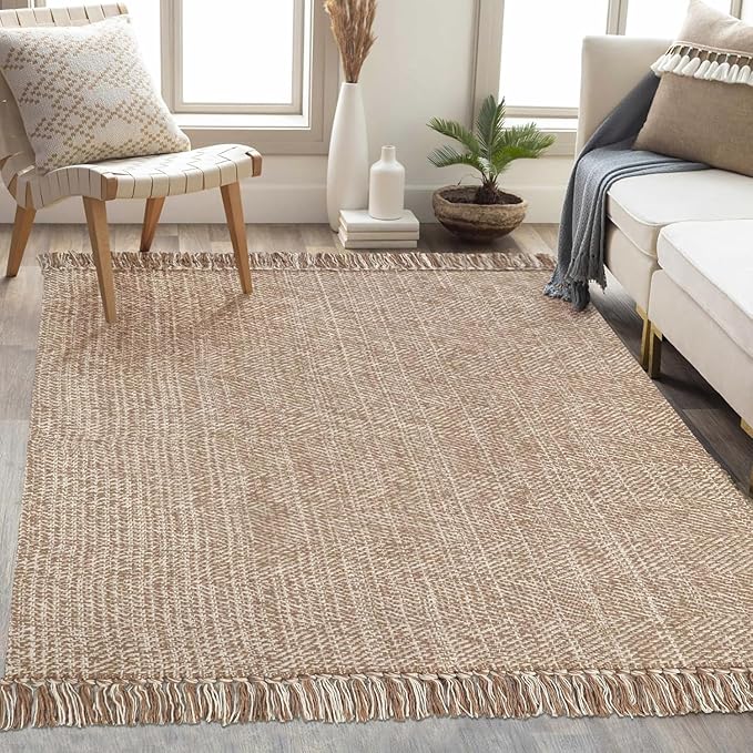 Collive Comfy Area Rug 4' x 6', Tan/Cream Woven Cotton Bedroom Rugs, Modern Indoor Accent Rug Floor Carpet with Tassel for Living Room, Nursery Room, Dining Room, Bedside, Office, Patio Decor
