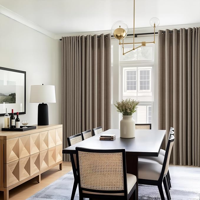 Chocolate Brown 105 Inch Curtains Faux Linen Bronze Grommet Semi Sheer Non-See-Through Privacy Drapes Boho Farmhouse Cottagecore Floor To Ceiling Window Curtains 105 Inches Long for Living Room