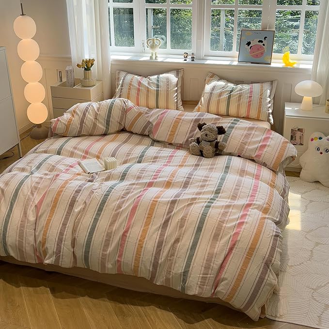 mixinni Vintage Striped Duvet Cover Set Twin XL, 3-Piece 100% Washed Cotton Bedding Set - Soft & Breathable Colorful Comforter Cover with Zipper, All-Season Lightweight Bed Set for Cozy Home