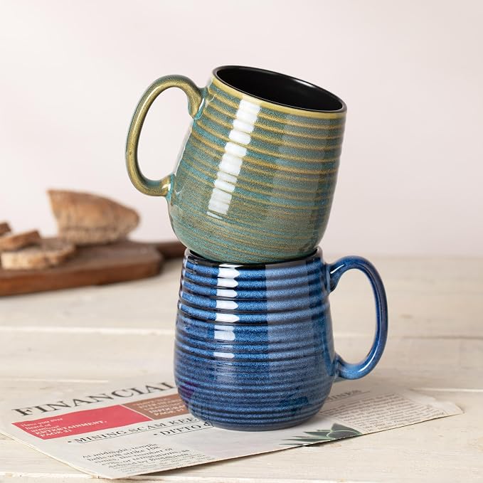 20 oz Large Ceramic Coffee Mug, Coffee Mugs for Women and Men, Big Tea Cups, Large Handle Handmade Pottery Mug for Office and Home, Microwave and Diahwasher Safe (Green with Stripes, 1PCS)