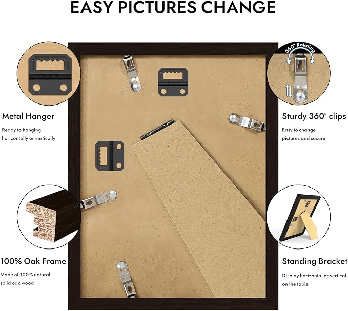 Hongkee 6x8 Oak Wood Picture Frame 1 Pack(Matted 5x7) with Real Glass Cover | Black, 6 x 8 Solid Wood Frame for Wall or Tabletop Display - Includes Easel Back, Vertical Hang - Ideal for Home, Office