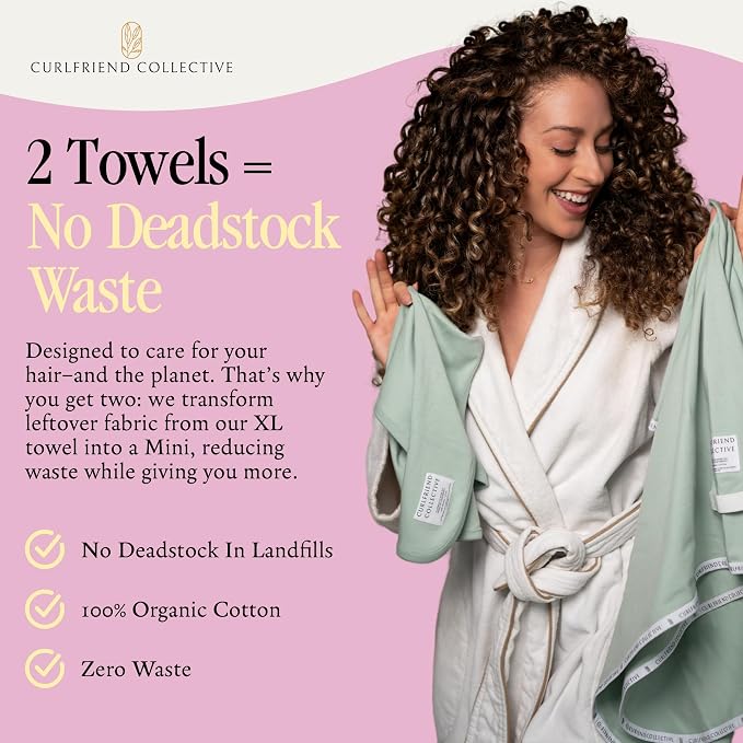 Curlfriend Collective Cotton Cloud T-Shirt Hair Towel Duo – Sage The Day Hair Towel Wrap for Women, XL + Mini Hair Drying Towels for Curly Hair, No-Slip Plopping Towel, Ultra Absorbent Cotton