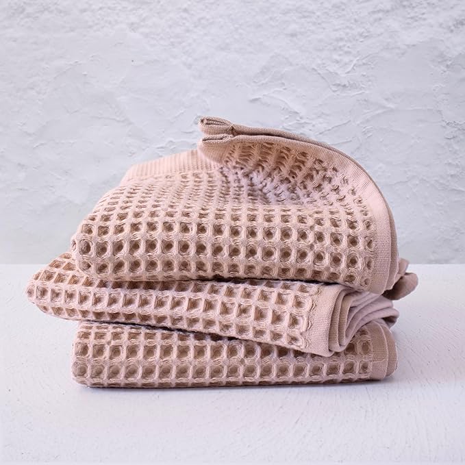PÜSKÜL - Set of 3 Organic Waffle Hand Towel Beige - Premium Quality, 100% Turkish Cotton, Soft, Quick-Dry, Absorbent, Lint-Free Face Kitchen Hand Towels (Beige, Hand Towels - Pack of 3)