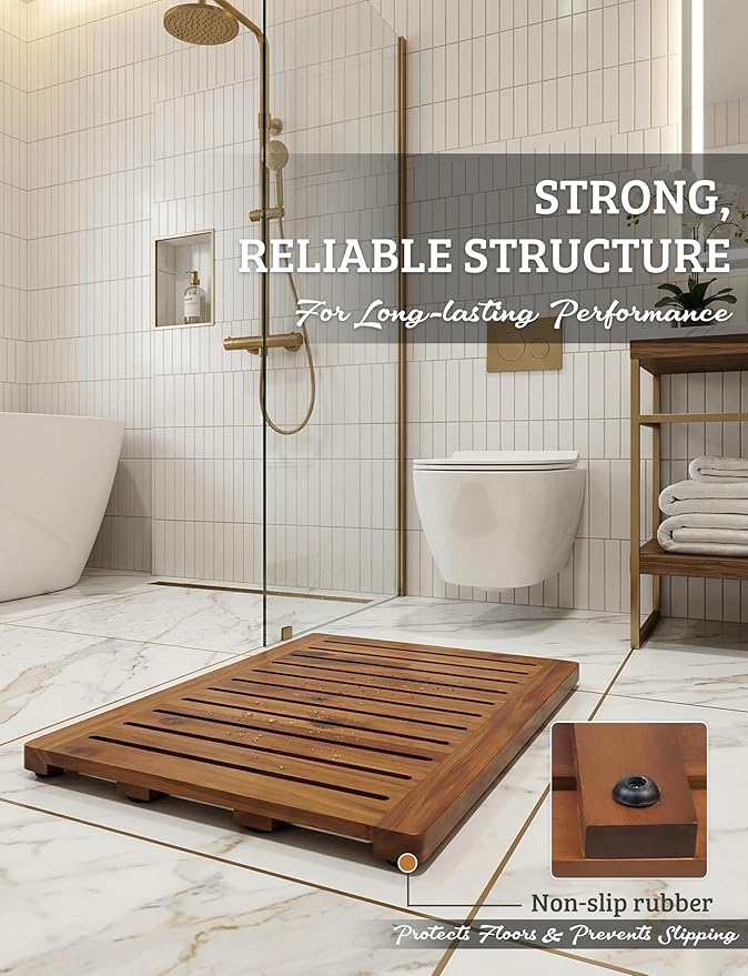 Acacia Wood Shower Mat 24x18 Inches by Demigo, Luxury Bath Mat Non Slip for Bathroom Bathtub Shower Spa Garden Home, Wooden Floor Mat Square Large for Outdoor and Indoor