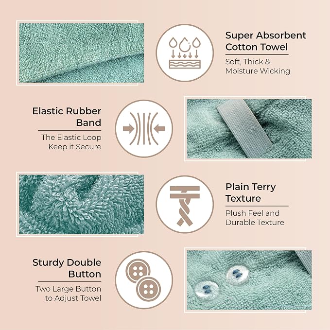 Lili&James 100% Cotton Hair Towel Wrap for Women & Kids – 420 GSM Quick Dry Hair Turban with Double Button Loop, Anti Frizz Non Microfiber Hair Drying Towel for Curly, Long & Thick Hair (Lilac+Aqua)