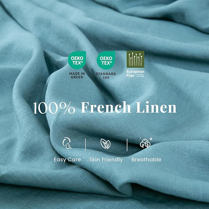 S VICTORY SYMBOL 100% Organic Linen Duvet Cover Set Queen Size 3pcs,Natural French Washed Flax Bedding(1 Duvet Cover and 2 Pillowcases) with Coconut Buttons Closure,Mineral Blue