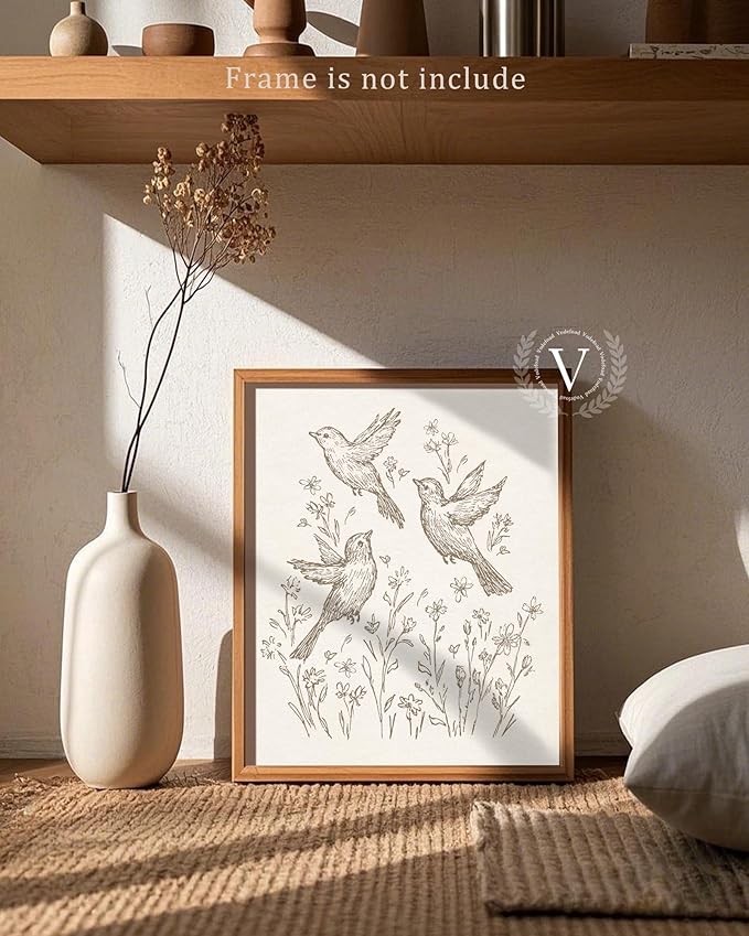 Vodefoad Sketch Bird Vintage Wall Art Retro Nursery Flying Bird Art Print Neutral Cottagecore Nursery Decor Farmhouse Rustic Birds Wall Decor for Gallery Nursery Bedroom Bathroom Office - 8x10Inch Unframe
