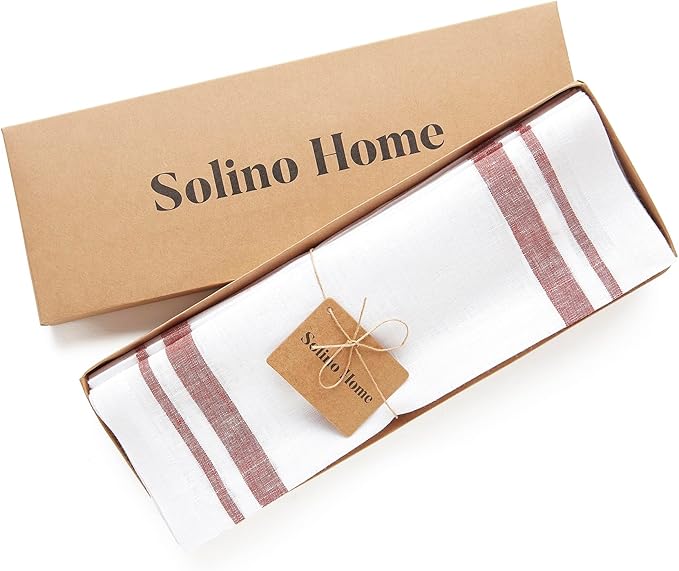 Solino Home Striped Linen Placemats Set of 4-100% Pure Linen Burgundy and White Place Mats 14 x 19 Inch - French Stripe