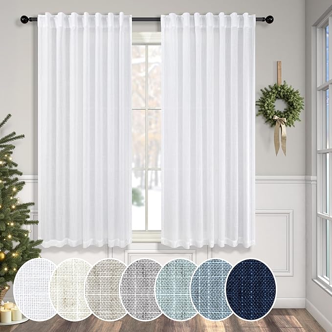 White Back Tab Curtains 45 Inch Length for Kitchen 2 Panels Set Pocket Light Reducing Semi Sheer Cotton Look Casual Woven Textured Short Cafe Tier Curtains for Bathroom Bedroom Dining Room 52x45 Long