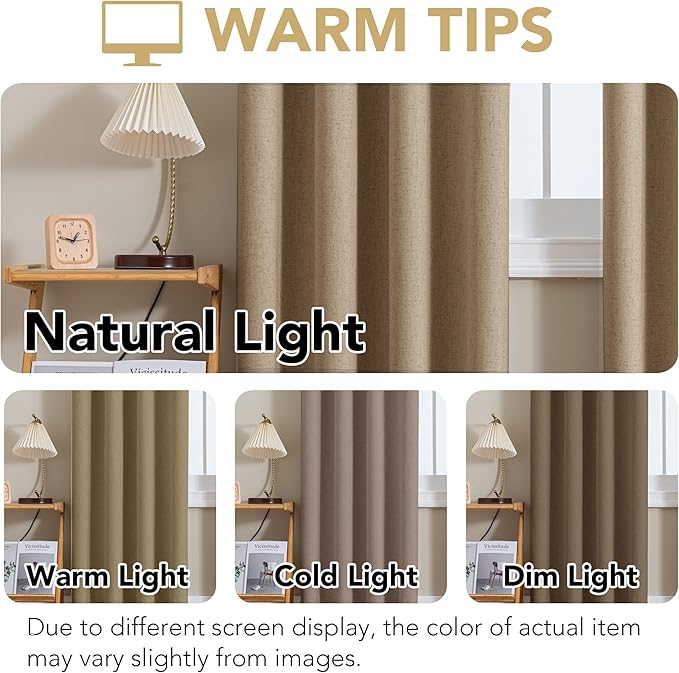 H.VERSAILTEX Linen Curtains 100% Blackout Curtains for Bedroom 90 inch Long Full Light Blocking Nature Linen Blended Window Curtains for Living Room Nickel Grommet (2 Panels, Heathered Macchiato)
