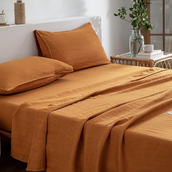 EVERLY Linen Sheets Set California King Size,100% French Stonewash Linen Sheets Set,4Pieces (1Flat Sheet,1Fitted Sheet,2Pillowcase) Suitable for Hot Sleepers,Deep Pocket Natural Bedding Set-Caramel