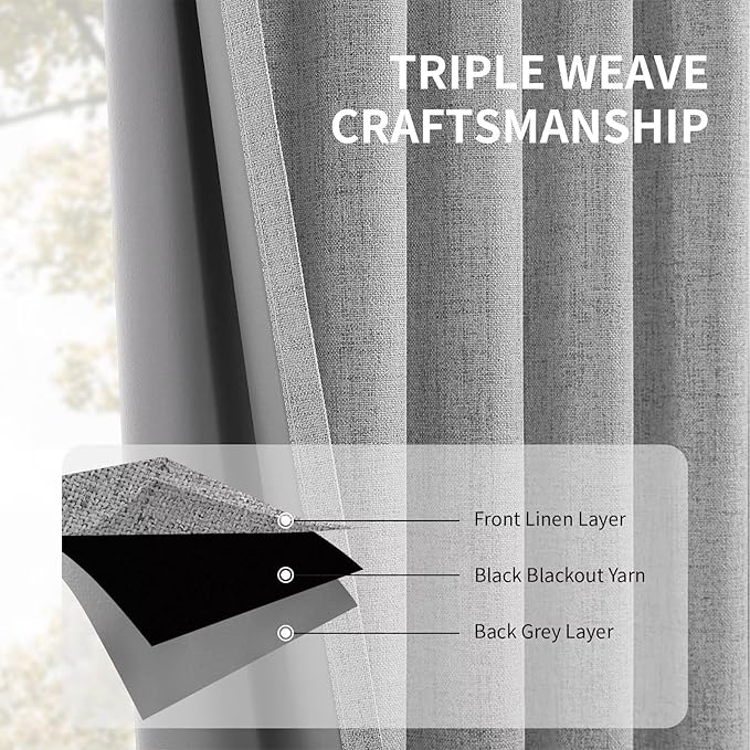 CUCRAF Linen 100% Blackout Curtains 84 Inch Length 2 Panels Set, Back Tab and Rod Pocket Curtain for Living Room Bedroom, Room Darkening Window Drapes Thermal Insulated, (52x84 inch, Light Grey)