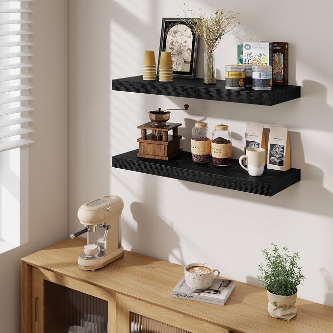Fun Memories Floating Shelves for Wall, 30 Inch Long Floating Shelves Set of 3, 30 x 10 Wooden Shelves for Wall, Large Storage Shelves, Hanging Shelves for Bathroom Kitchen Bedroom, Black