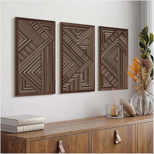 VIYYIEA Boho Solid Wood Carved Wall Art Set of 3, Geometric Minimalist Wooden Home Decor Panels, Handcrafted Solid Wood Wall Hanging for Living Room Bedroom Hallway, 16 x 8 Inch Each (Geometry II)