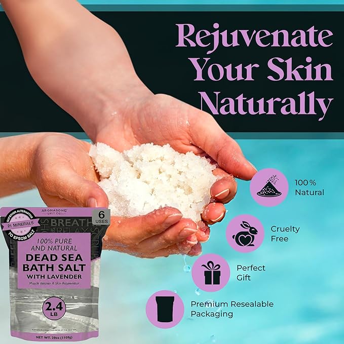 Aromasong Pure Dead Sea Salt for Soaking with 100% Natural Lavender, 2.43 LB - Spa Bath Salt Fine Grain - Body Wash Scrub - Soak for Women & Men- Bulk Resealable Pack