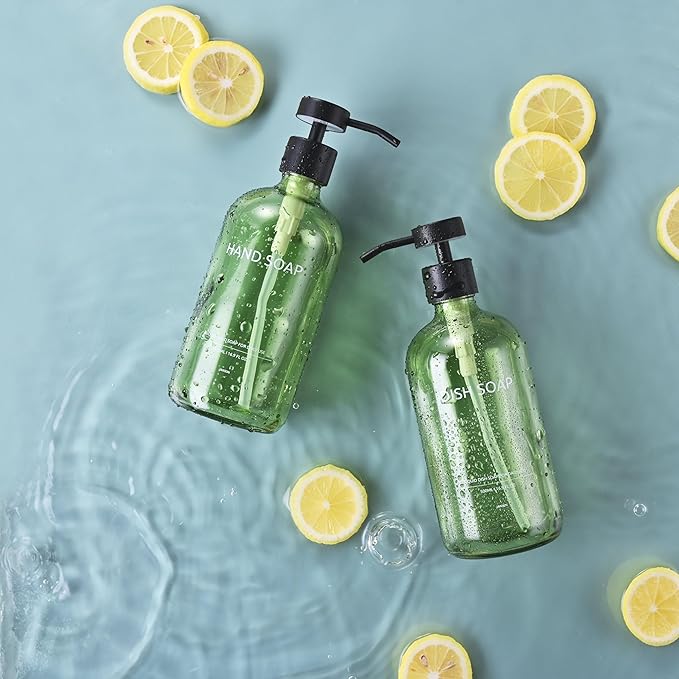 Glass Kitchen Soap Dispenser Set with Ceramic Tray,16.9 floz Hand and Dish Soap Dispenser for Kitchen and Bathroom Decor (Green Bottles + Black Pumps)