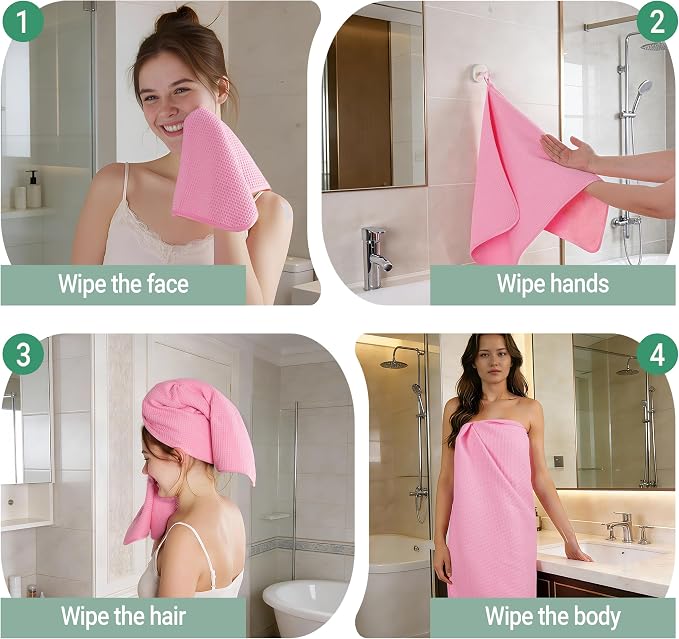 MICROFI Waffle Weave Bath Towel Set, Microfiber, 4 Pieces (Body/Hair/Hand/Face), Quick Dry, Lightweight, Super Absorbent, Lint Free, 380 GSM (Pink)