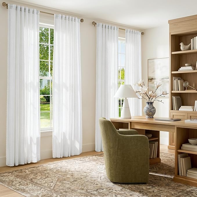 jinchan Linen Curtains for Living Room Bedroom Light Filtering Semi Sheer Curtains Boho Farmhouse French Country Cottage Core Decor Window Drapes Back Tab 84 Inch Length Laced Off White