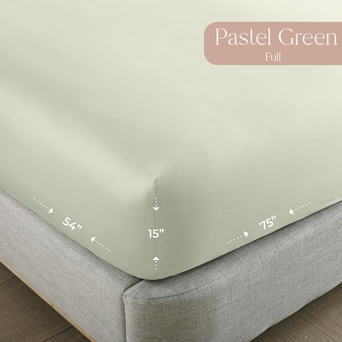 Organic Full Fitted Sheet Only Deep Pocket - 100% Organic Cotton Sheets with Breathable 300 Thread Count Sateen Weave GOTS & Fairtrade Certified - Soft Fitted Bed Sheets Only (Pastel Green, Full)