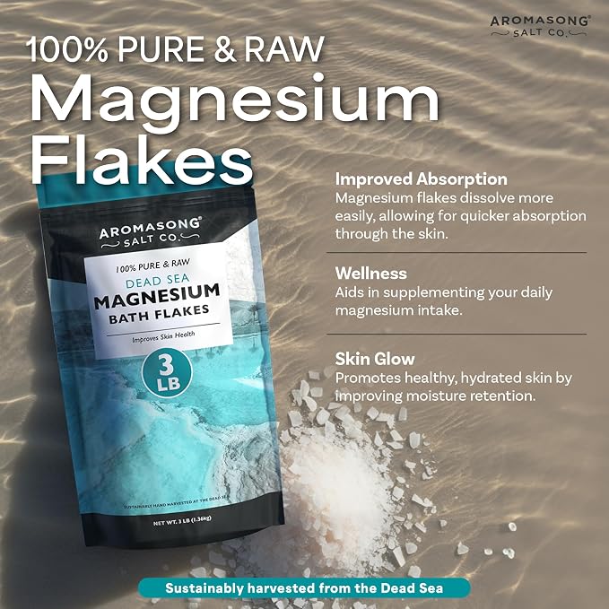 Aromasong Dead Sea Relaxation Bundle: 5 lbs Raw Dead Sea Salt + 3 lbs Magnesium Flakes for Bath Soaks and Skin Care