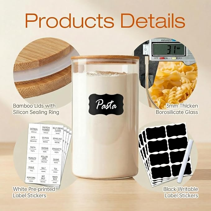 HomArtist Glass Jars with Bamboo Lids [Muti Size Set of 5], Glass Canisters with Airtight Lids, Glass Food Storage Containers for Pasta, Oats, Coffee, Flour, Sugar, Rice, Best for Kitchen & Pantry
