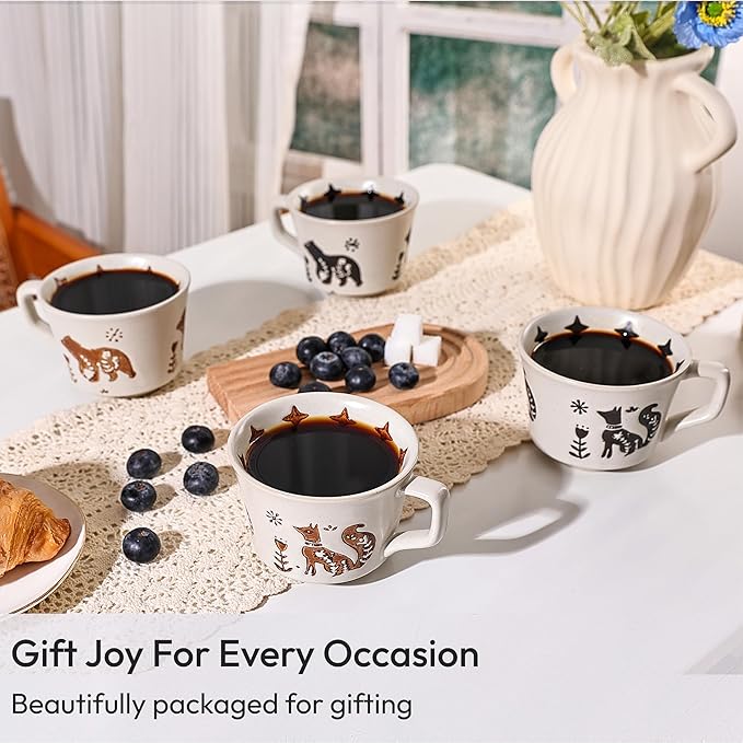 Ceramic Coffee Mug, 11 oz Small Novelty Unique Teacup with Handle, Stoneware Cup for Tea Mocha Latte Cappuccino (Set of 4, Fox and Bear)