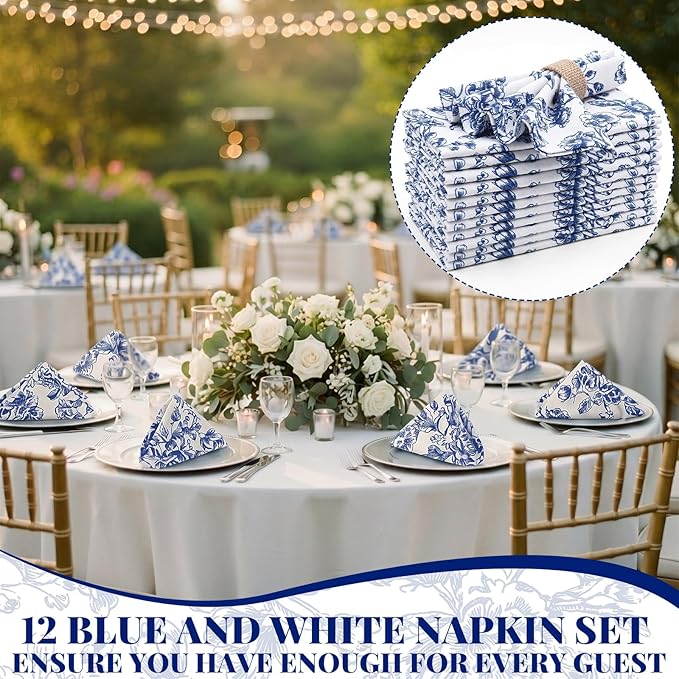 Mindsoft 12 Pack Blue Floral Cloth Napkins 18x18 Inch Reusable Linen Cotton Dinner Napkins Vintage Blue and White Table Napkin Cloth for Wedding Banquet Bridal Party Supplies