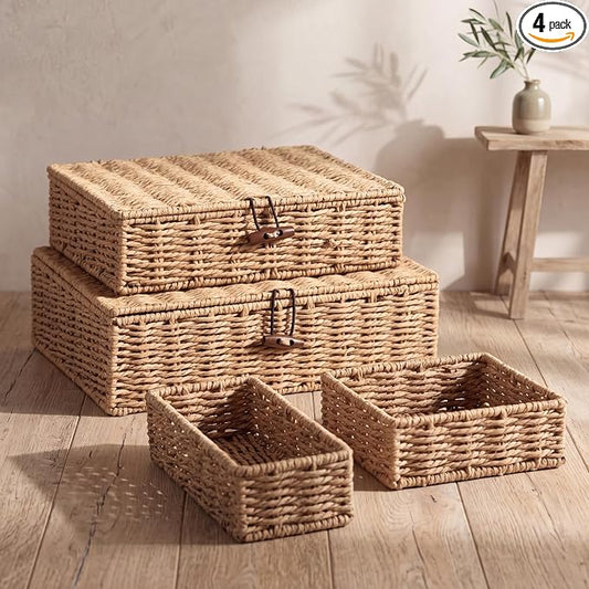 Newtay Set of 4 Woven Wicker Storage Baskets with Lids, Decorative Storage Boxes Lidded Rattan Organizer Bin Home Decor for Shelf, Coffee Table, Closet, Bathroom, Living Room(Paper Rope,Natural Color)