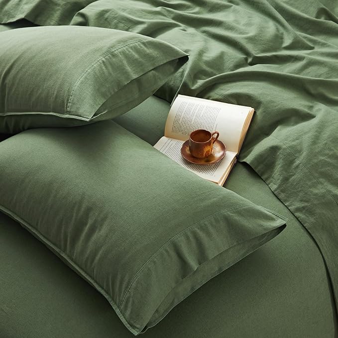 4Pcs Organic Linen Sheets California King Size, 100% Linen from Normandy, Breathable Forest Green Cal King Sheet Set with 16 Inch Deep Pocket, 1 Flat Sheet, 1 Fitted Sheet, 2 Pillowcases