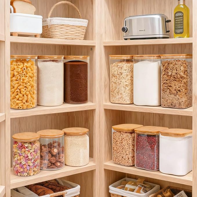 Glass Flour Sugar Storage Containers with Bamboo Lids & Measuring Scoop (1.6Qt/4.6Qt) - Wide Mouth Pantry Storage Containers for Kitchen Counter, Pantry Organization & Baking Essentials 2 pack