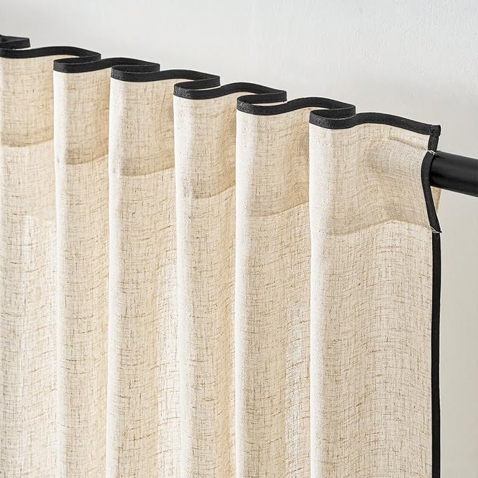 jinchan Beige Linen Blend Curtains with Black Trim, French Style Drapes for Living Room Bedroom 2 Panels 84 Inches Length Neutral Curtains Farmhouse Modern Window Treatment with Rod Pocket Back Tab