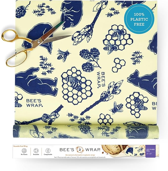 Bee's Wrap Beeswax Wraps for Food - Cut to Size 14x52" Beeswax Wrap Roll - Plastic Free Made in USA Reusable Natural Food Wrap - Bees & Bears