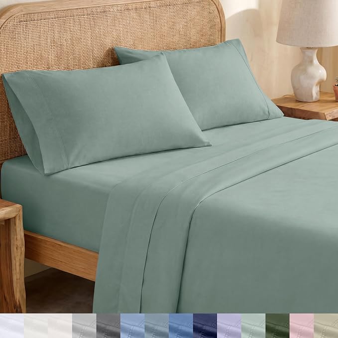 California Design Den Cal King Sheet Set - Soft 100% Organic Cotton, Crisp and Cool Percale Sheets, Deep Pockets with Anti-Skid Elastic, Breathable and Durable Bedding Set - Sage Green