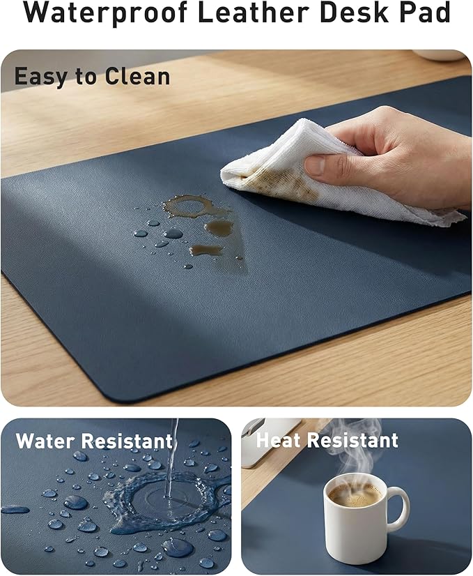 Aothia Faux Leather Desk Mat - Large Mouse Pad, Non-Slip PU Leather Blotter, Waterproof Writing Surface for Office and Home (Dark Blue, 63" x 24")