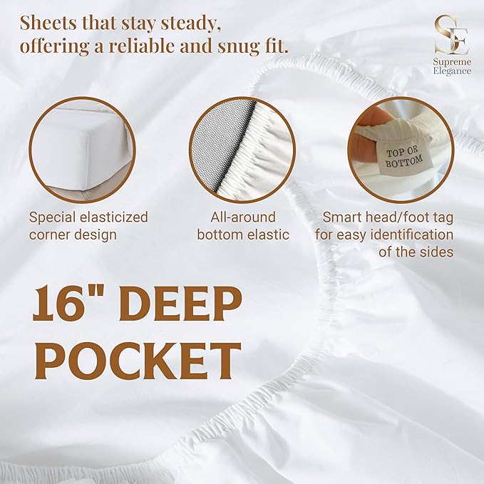 SUPREME ELEGANCE 4Pc 100% Organic Cotton King Size Sheets Set, Sky Blue, Cooling Percale, Deep Pocket Fitted Sheet, Fits 16" Mattresses, Breathable Bed Sheets & Pillowcases, Crisp Bedding