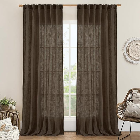LAMIT Dark Brown Sheer Linen Curtains, 102 inch Light Filtering Semi Sheer Panels Back Tab and Rod Pocket Farmhouse Drapes for Bedroom/Living Room, 2 Panels, 52 x 102 Inch