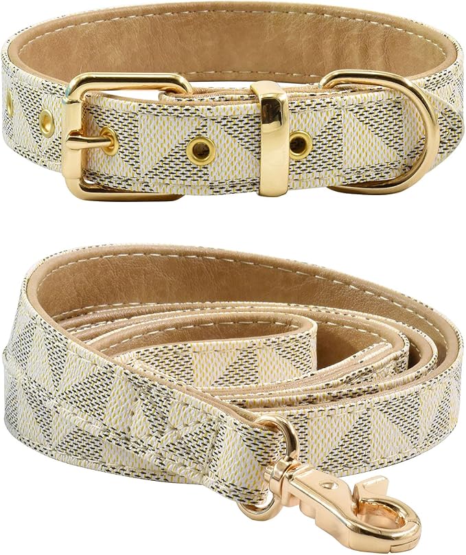 Leather Dog Collar and Leash Set, Check Pattern Dog Collar Leashes Metal Buckle Adjustable Durable for Small Medium Large Dogs (White, S(11.4-13.4IN))
