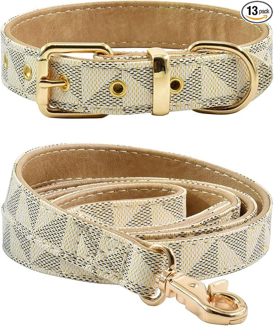 Leather Dog Collar and Leash Set, Check Pattern Dog Collar Leashes Metal Buckle Adjustable Durable for Small Medium Large Dogs (White, M(11.8-15IN))