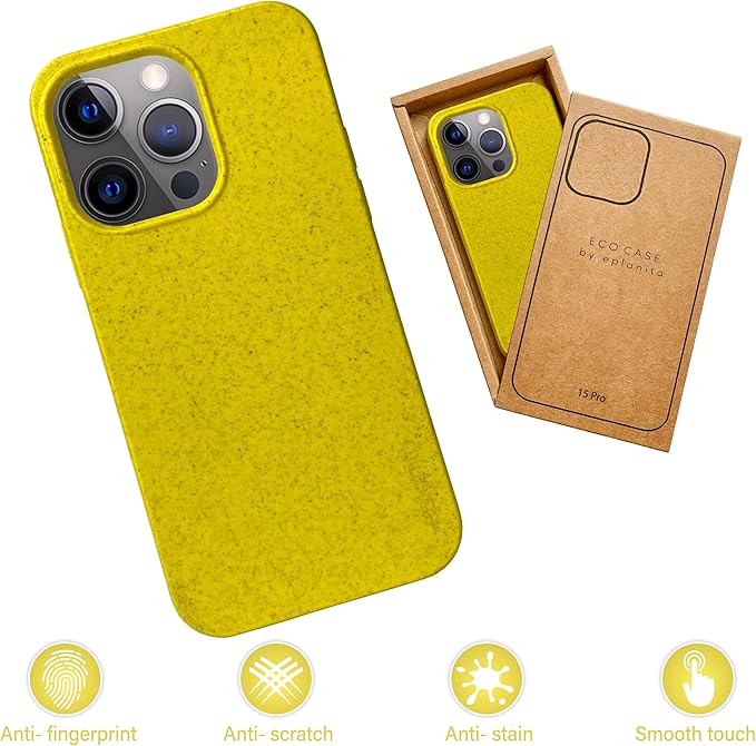 eplanita Eco Mobile Phone Case Compatible with iPhone 15 Pro, Plant Fiber, Drop Protection Cover, Durable and Sustainable (for iPhone 15 Pro, Yellow)