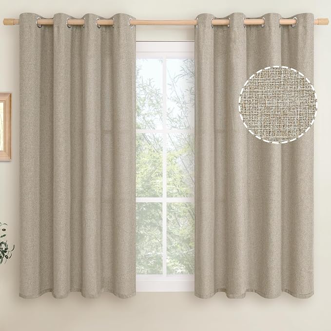 LAMIT Taupe Linen Curtains for Bedroom, 54 inches Grommet Thermal Insulated Thick Burlap Farmhouse Curtains Noise Reducing Window Treatment Drapes for Living Room, Set of 2 Panels, W52 x L54