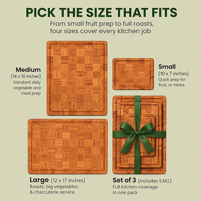 LAIFsolutions Wood Cutting Boards for Kitchen with Juice Groove, Eco-Friendly Wooden Bamboo Chopping board, Food-Safe, Non Plastic Tabla Para, Carbonized Butcher Block for Meat, Veggies Fruits, Medium