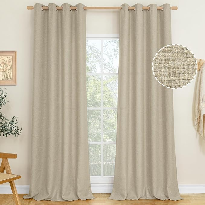 LAMIT Natural Linen Curtains 102 inch Long 2 Panels, Linen Textured Thermal Insulated Bedroom Curtains Grommet Privacy Burlap Boho Drapes for Living Room/Farmhouse, W52 x L102, Camel