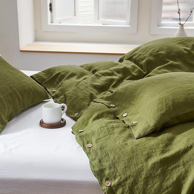 Simple&Opulence 100% Linen Duvet Cover Set 2pcs with Coconut Button Closure Natural French Washed Flax Solid Color Soft Breathable Farmhouse Bedding - Olive Green, Twin Size