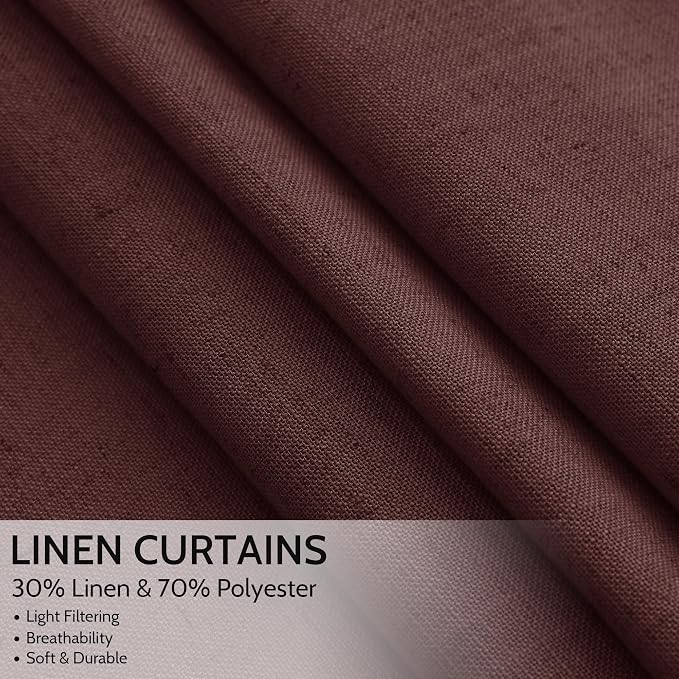 Nanspring Reddish Brown Linen Blend Light Filtering Back Tab Curtains 96 Inches Long, Semi Sheer Privacy Drapes for Living Room & Bedroom, 52x96 inch, 2 Panels