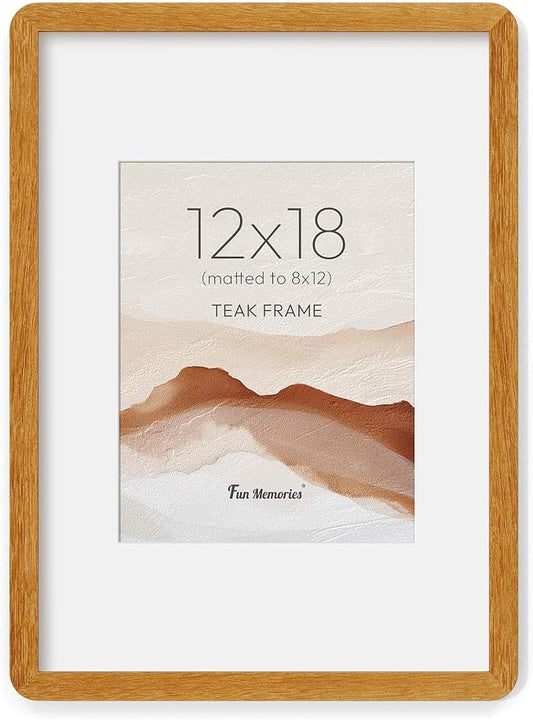 Fun Memories 12x18 Picture Frame - Solid Teak Wood Poster Frame, 12x18 Photo Frame with Mat for 8.5x11, 12 By 18 Wooden Picture Frame, Horizontal or Vertical Wall Display, Natural Teak