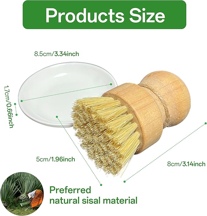 Bamboo Dish Brush Set, Natural Sisal Scrubber for Pots Pans Dishes with Tray, Eco Friendly Kitchen Brush 3 Pack