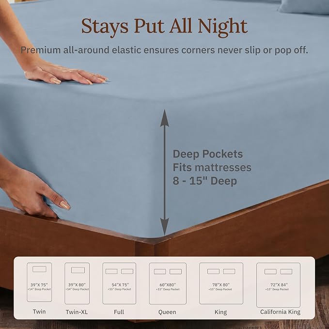 California Design Den Queen Size Sheets Set - 100% Organic Cotton, Soft and Lightweight Sateen, Deep Pocket Queen Bed Sheet Set, Durable Bedding - Pastel Blue