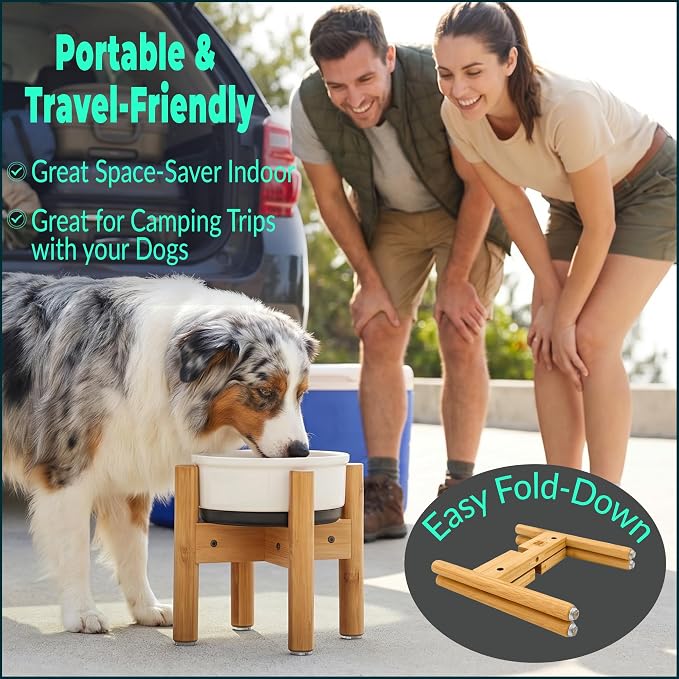Dog Bowl Stand for Small-to-Medium Dogs - Adjustable, Easy Fold-Down, Comes with Foot Pads and Assembly Tool - Bamboo