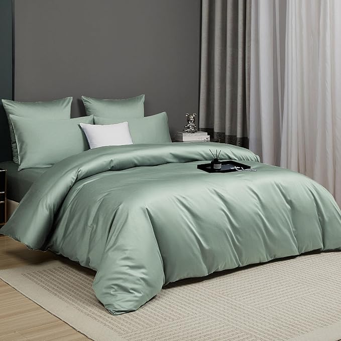 Sage Green Cotton Duvet Cover Set King 100% Long-Staple Cotton Sateen Bedding Set, Soft Breathable Smooth Organic Pure Cotton Plain Comforter Cover, Luxury Minimalist Bedroom Decor for All Season